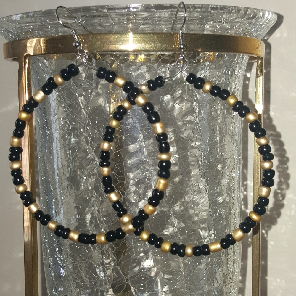 Large Black and Gold Bead Hoop Earrings